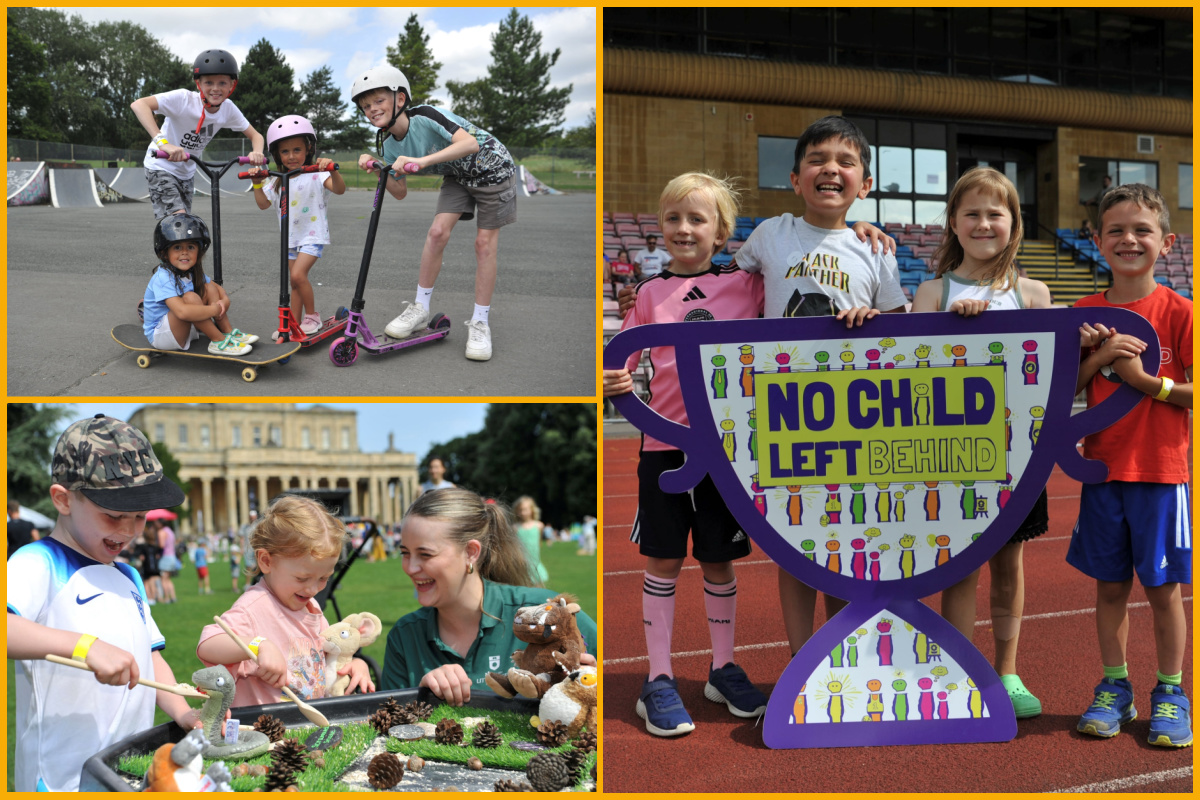 Collage of children on scooters, playing, holding a No Child Left Behind trophy sign.